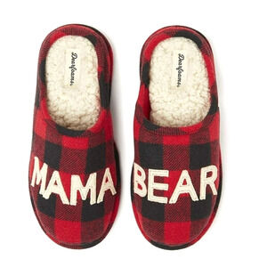 Dearfoams Black Read Plaid Fuzzy Mama‎ Bear Slippers Size 5-6 NWT